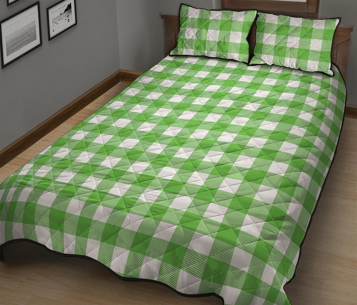 UFO Green And White Buffalo Check Print Quilt Bed Set