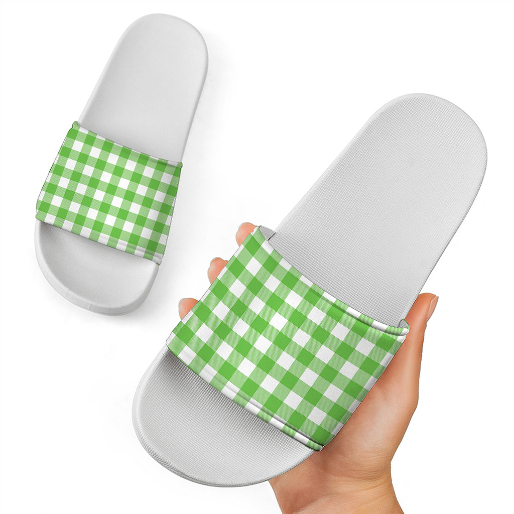 UFO Green And White Buffalo Check Print White Slide Sandals