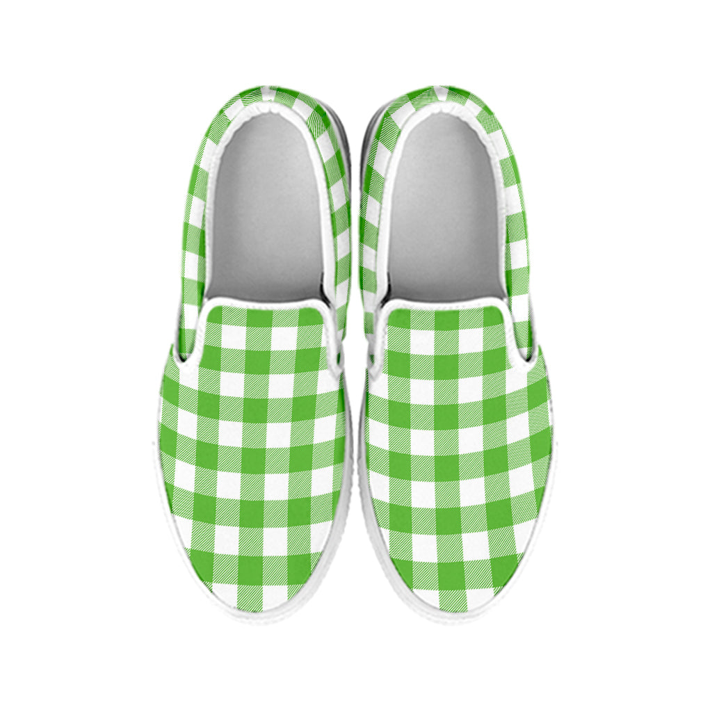 UFO Green And White Buffalo Check Print White Slip On Shoes