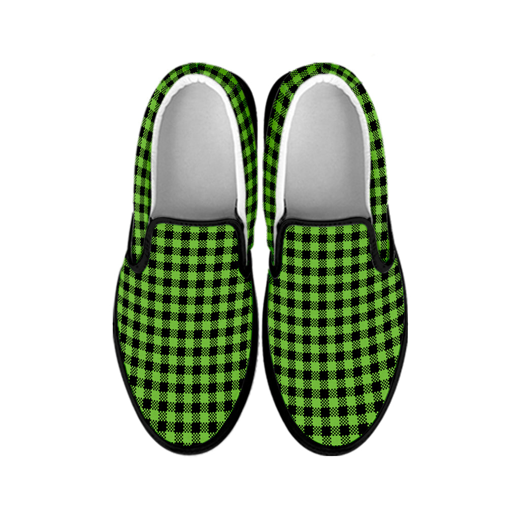 UFO Green Buffalo Plaid Print Black Slip On Shoes