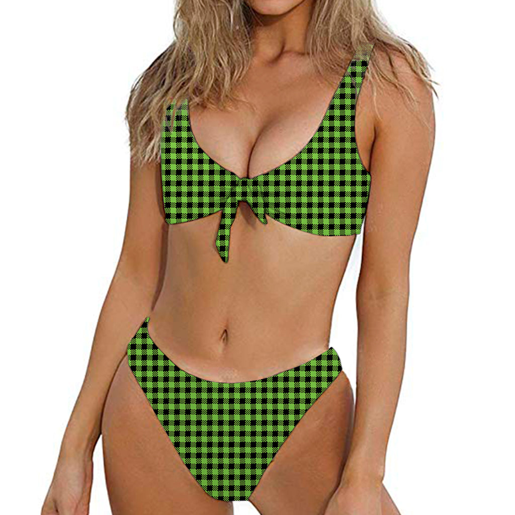 UFO Green Buffalo Plaid Print Front Bow Tie Bikini