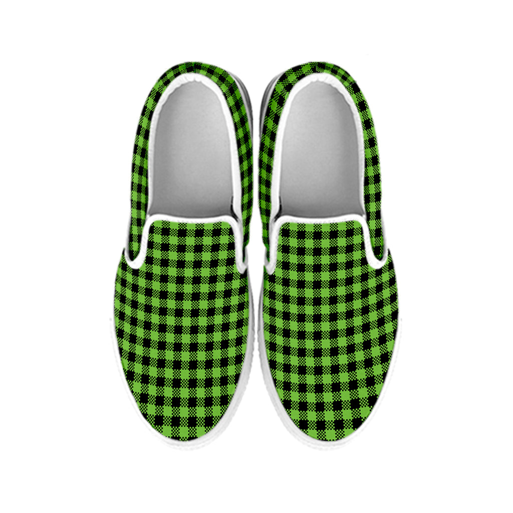 UFO Green Buffalo Plaid Print White Slip On Shoes