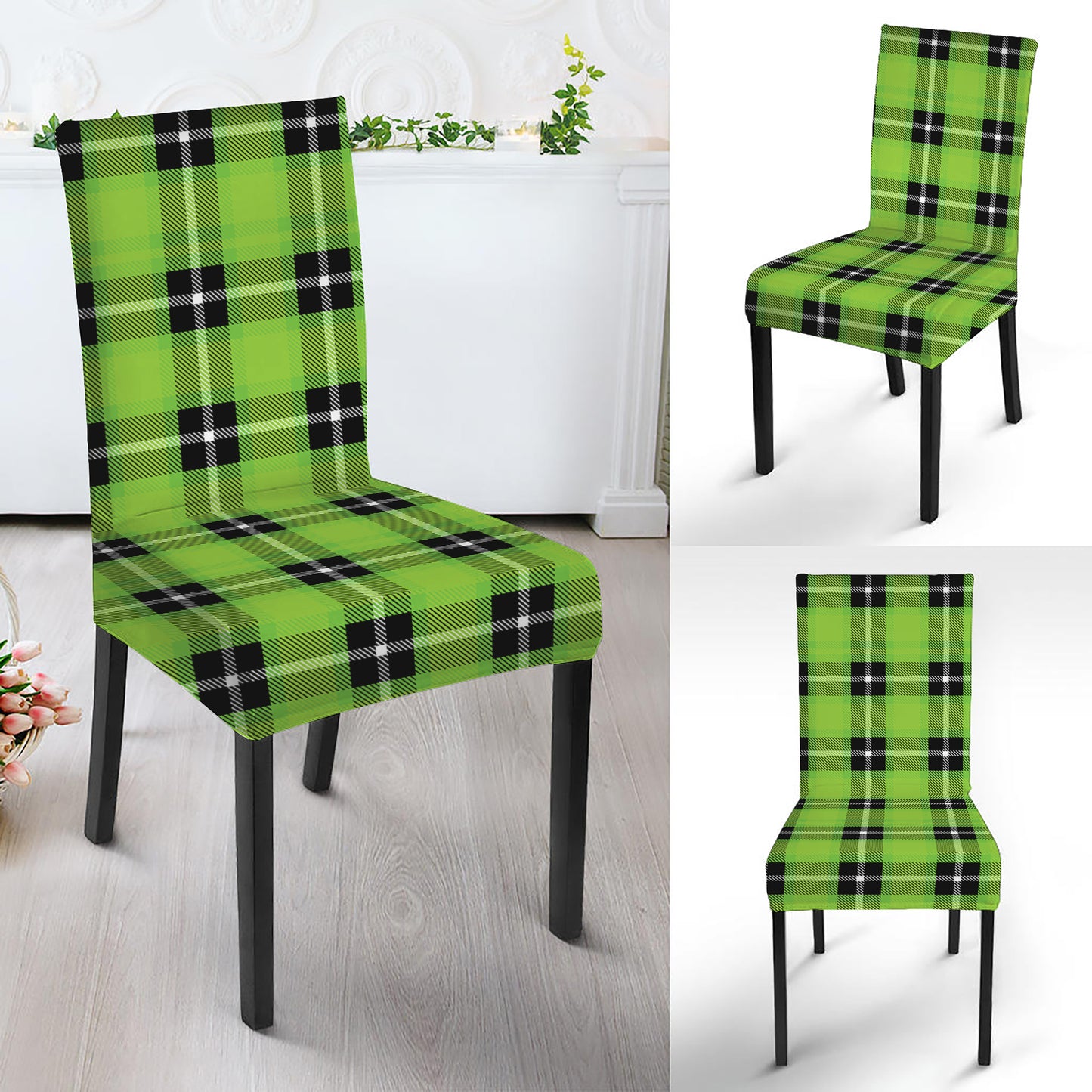 UFO Green Tartan Pattern Print Dining Chair Slipcover