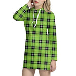 UFO Green Tartan Pattern Print Hoodie Dress