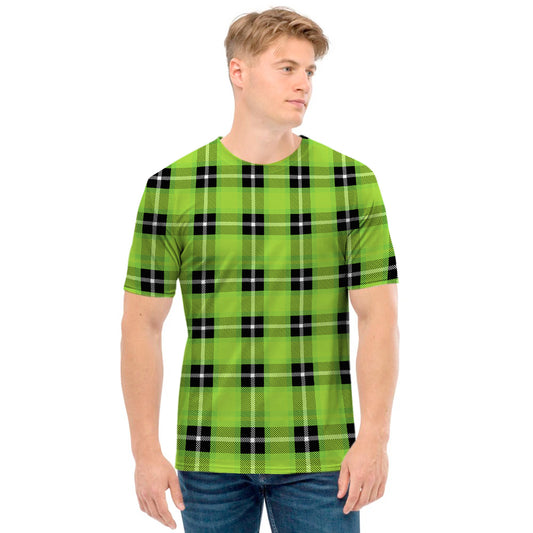 UFO Green Tartan Pattern Print Men's T-Shirt