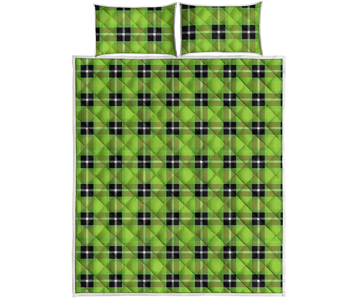UFO Green Tartan Pattern Print Quilt Bed Set