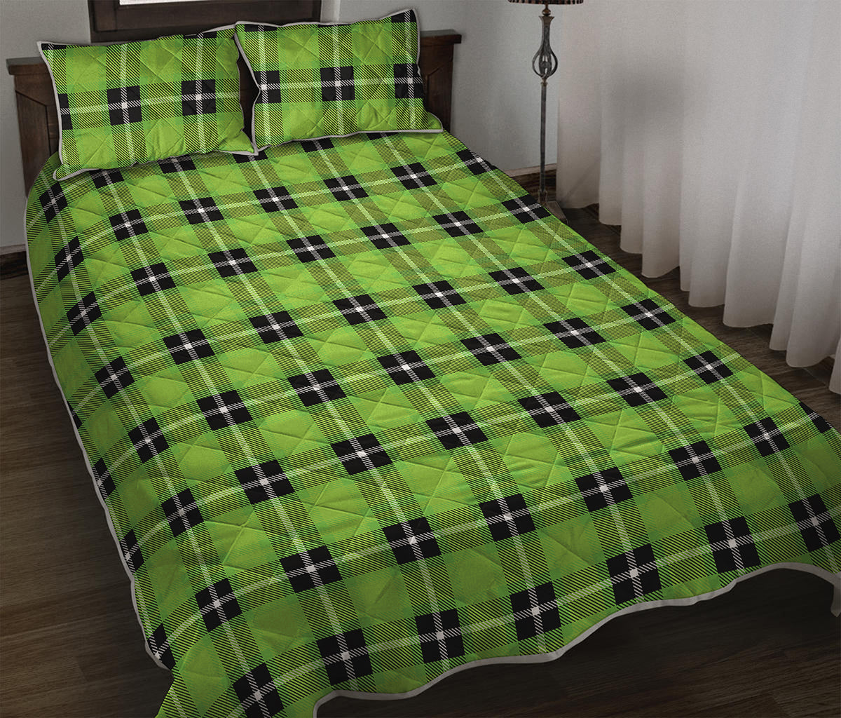 UFO Green Tartan Pattern Print Quilt Bed Set