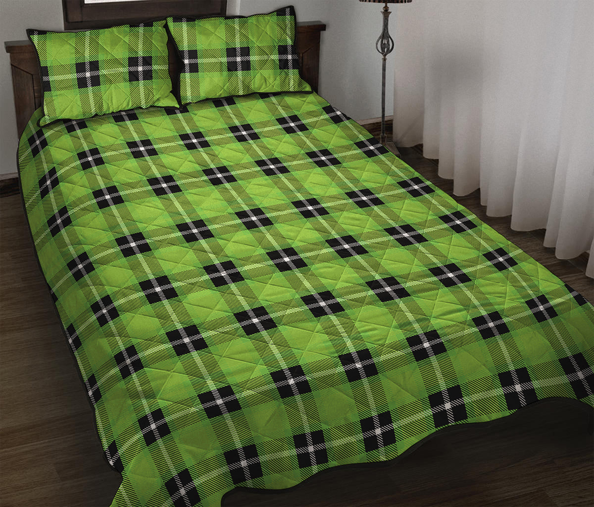 UFO Green Tartan Pattern Print Quilt Bed Set