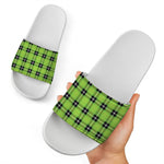 UFO Green Tartan Pattern Print White Slide Sandals