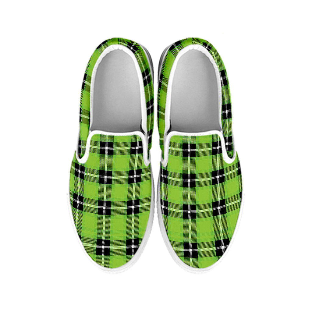 UFO Green Tartan Pattern Print White Slip On Shoes