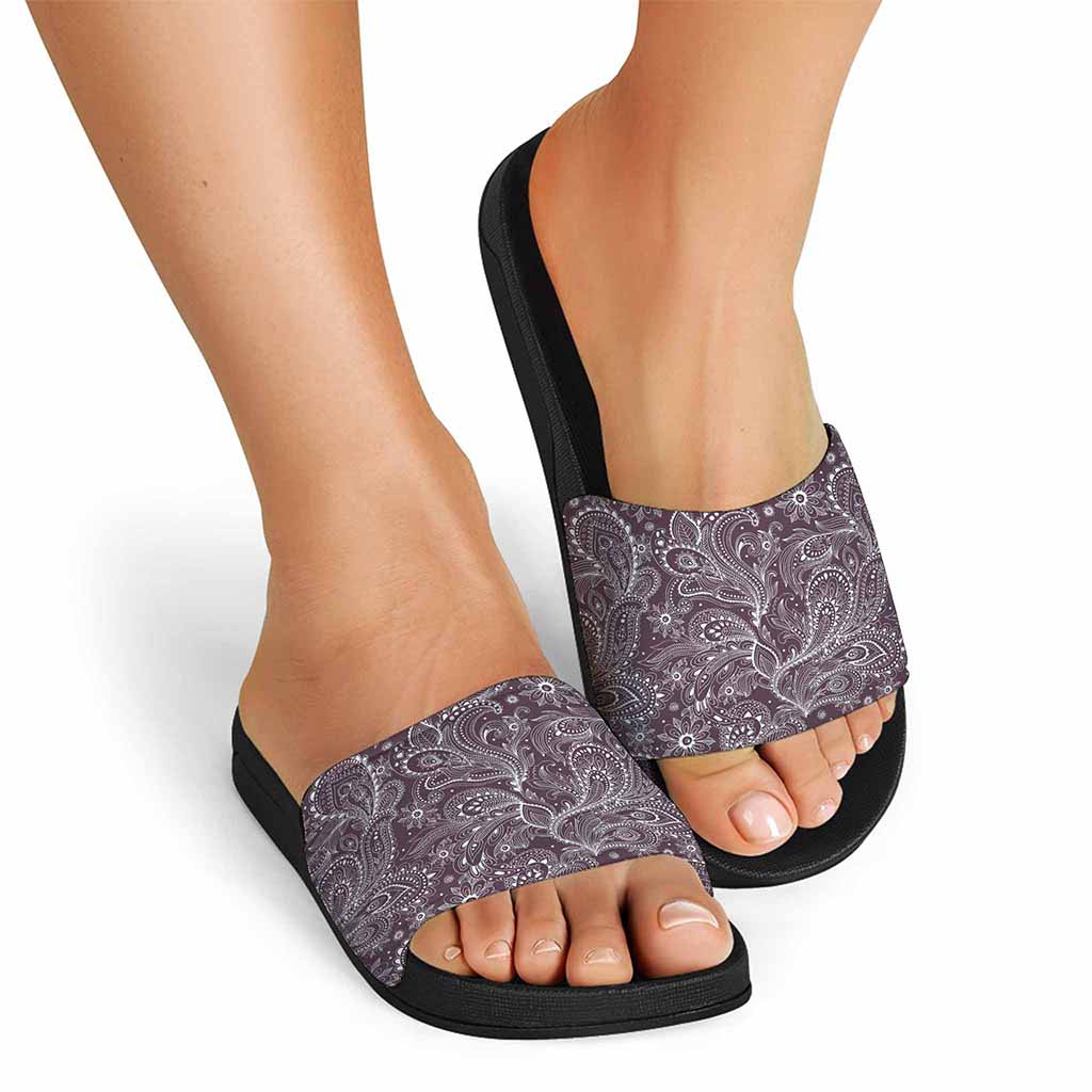 Umber Floral Bohemian Pattern Print Black Slide Sandals