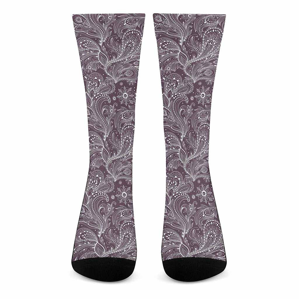 Umber Floral Bohemian Pattern Print Crew Socks