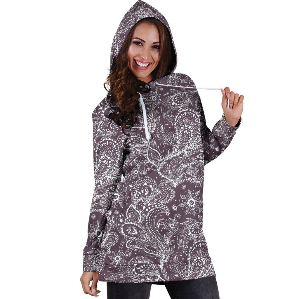 Umber Floral Bohemian Pattern Print Hoodie Dress GearFrost