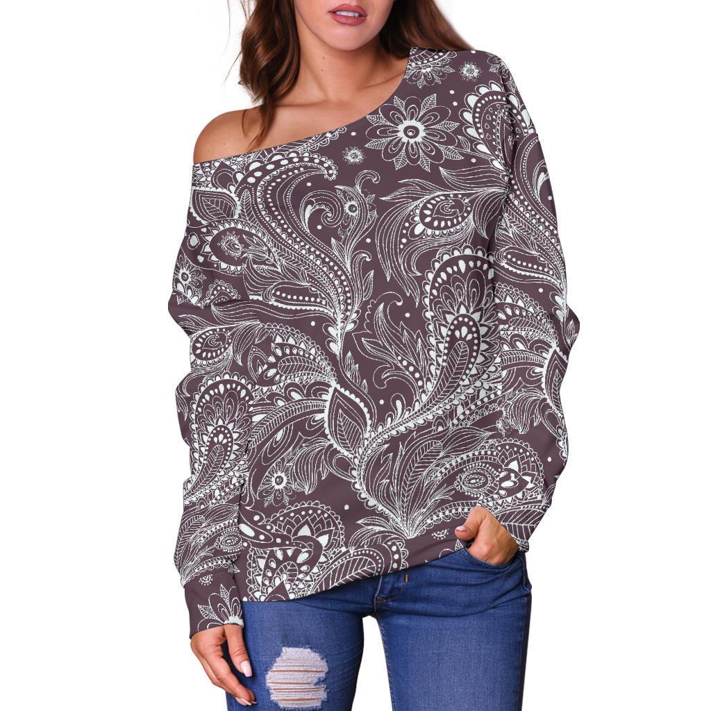 Umber Floral Bohemian Pattern Print Off Shoulder Sweatshirt GearFrost