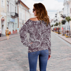 Umber Floral Bohemian Pattern Print Off Shoulder Sweatshirt GearFrost