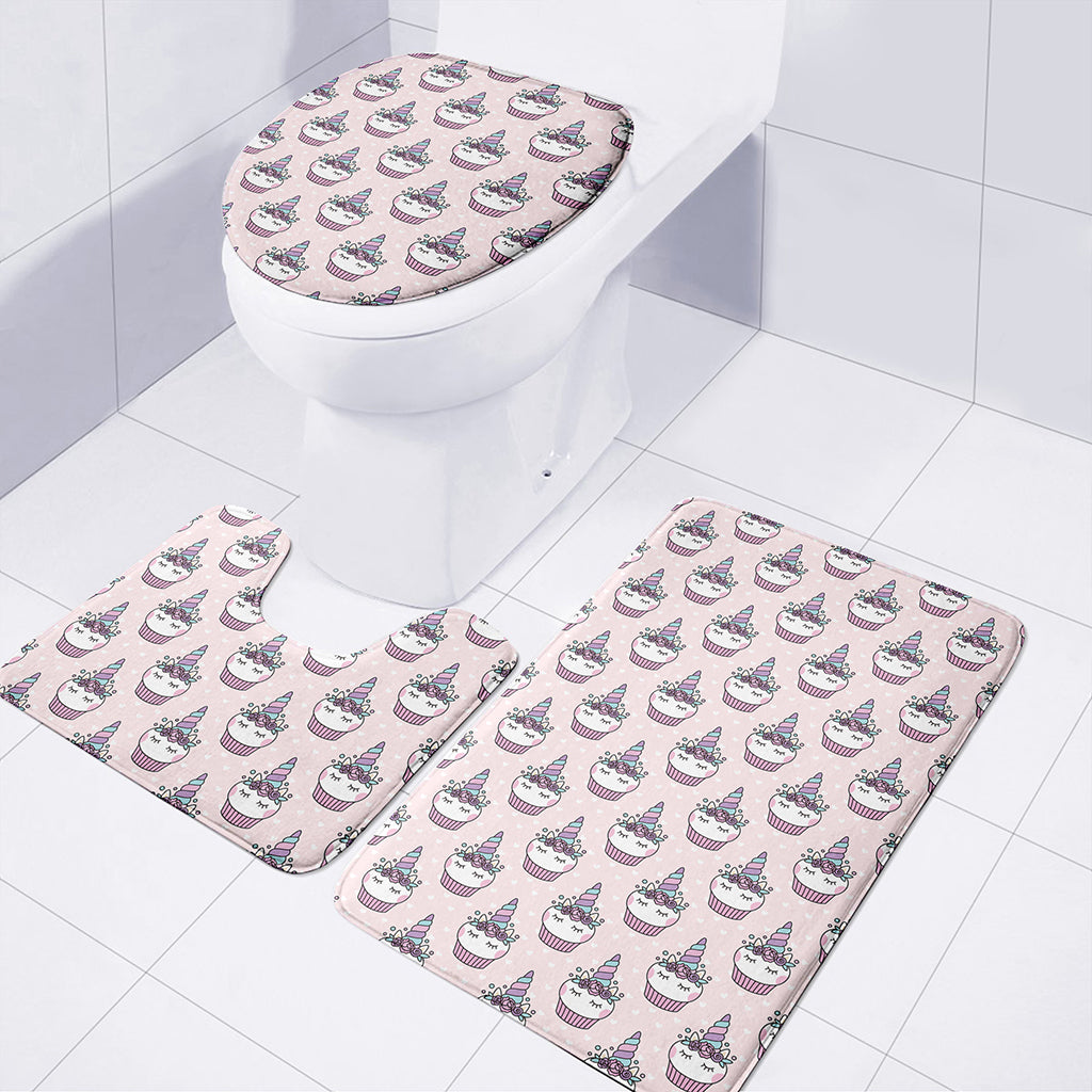 Unicorn Cupcake Pattern Print 3 Piece Bath Mat Set