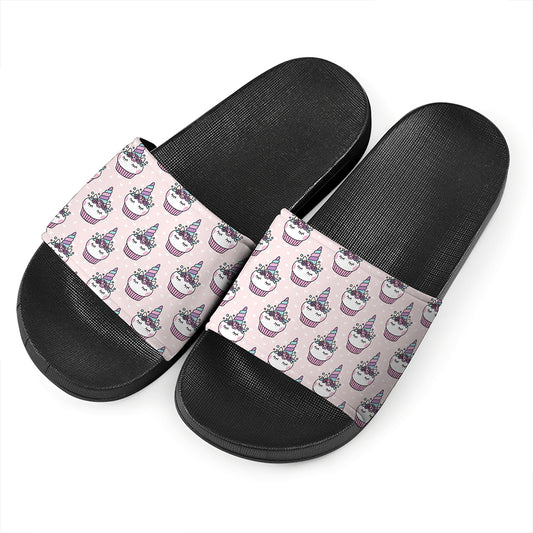 Unicorn Cupcake Pattern Print Black Slide Sandals