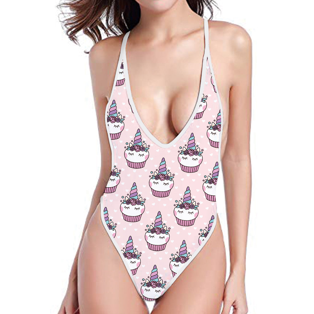 Unicorn Cupcake Pattern Print One Piece High Cut Swimsuit