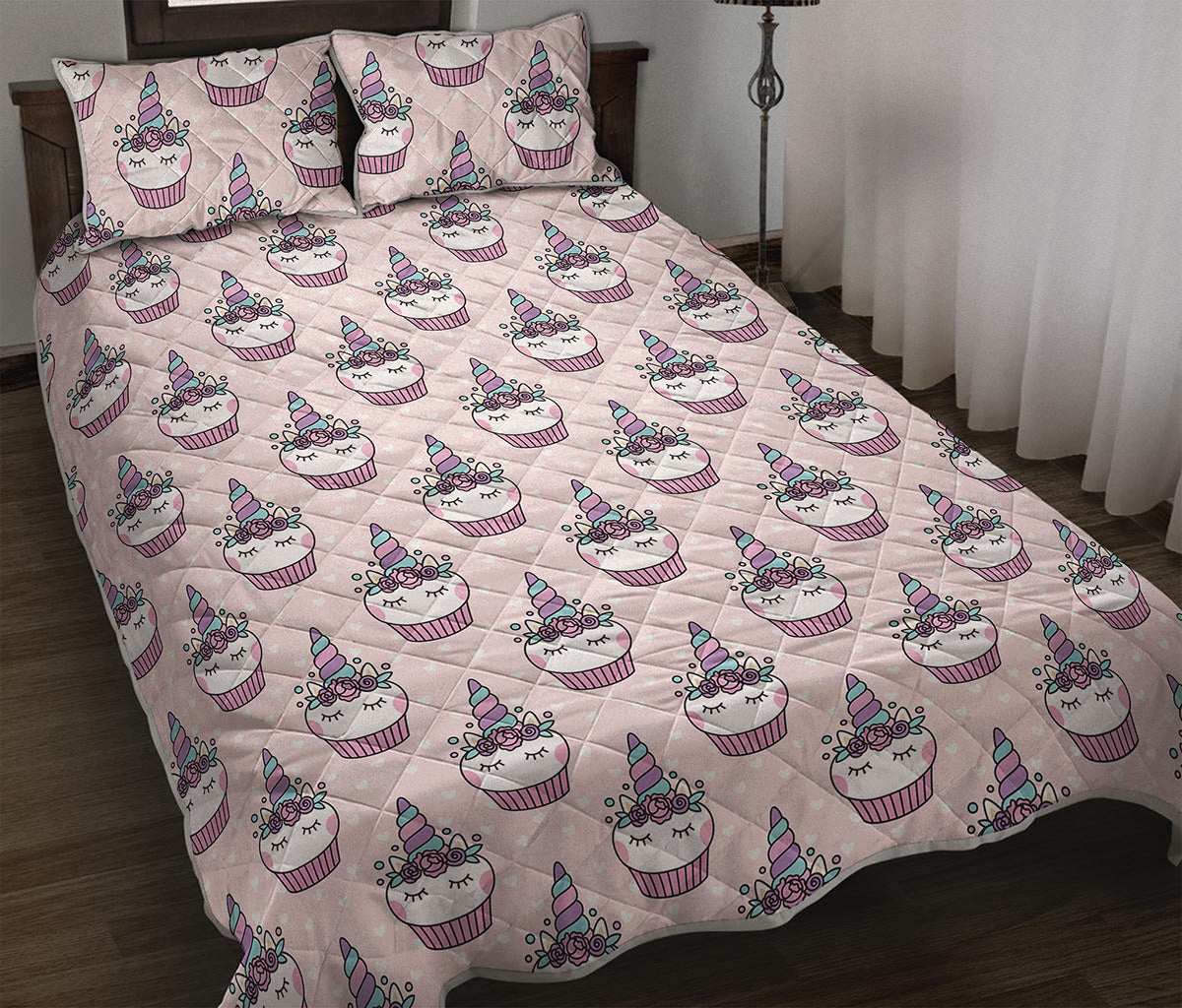 Unicorn Cupcake Pattern Print Quilt Bed Set