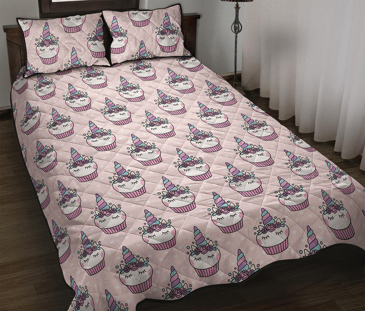 Unicorn Cupcake Pattern Print Quilt Bed Set