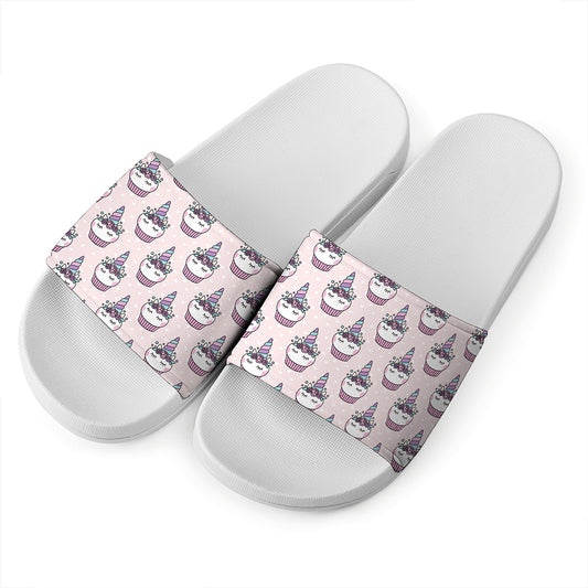 Unicorn Cupcake Pattern Print White Slide Sandals