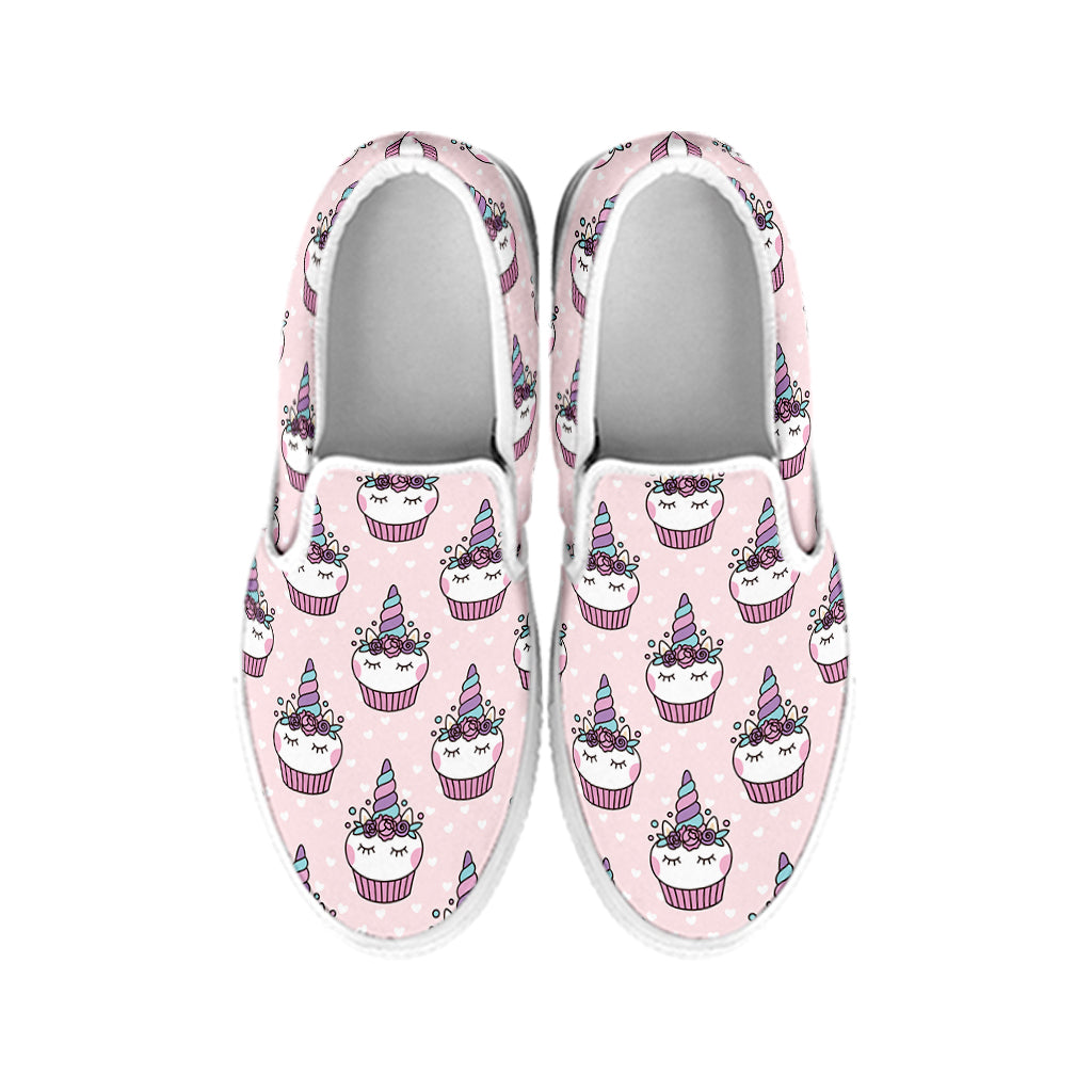 Unicorn Cupcake Pattern Print White Slip On Shoes