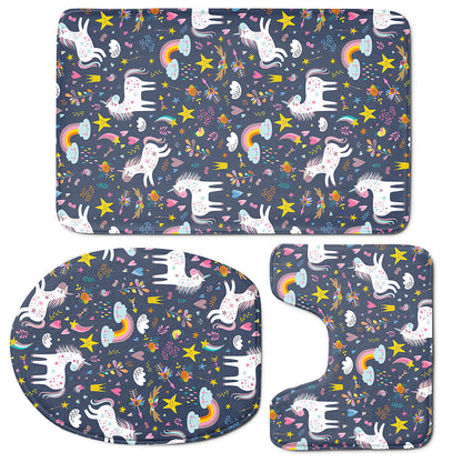 Unicorn Dream Cartoon Pattern Print 3 Piece Bath Mat Set