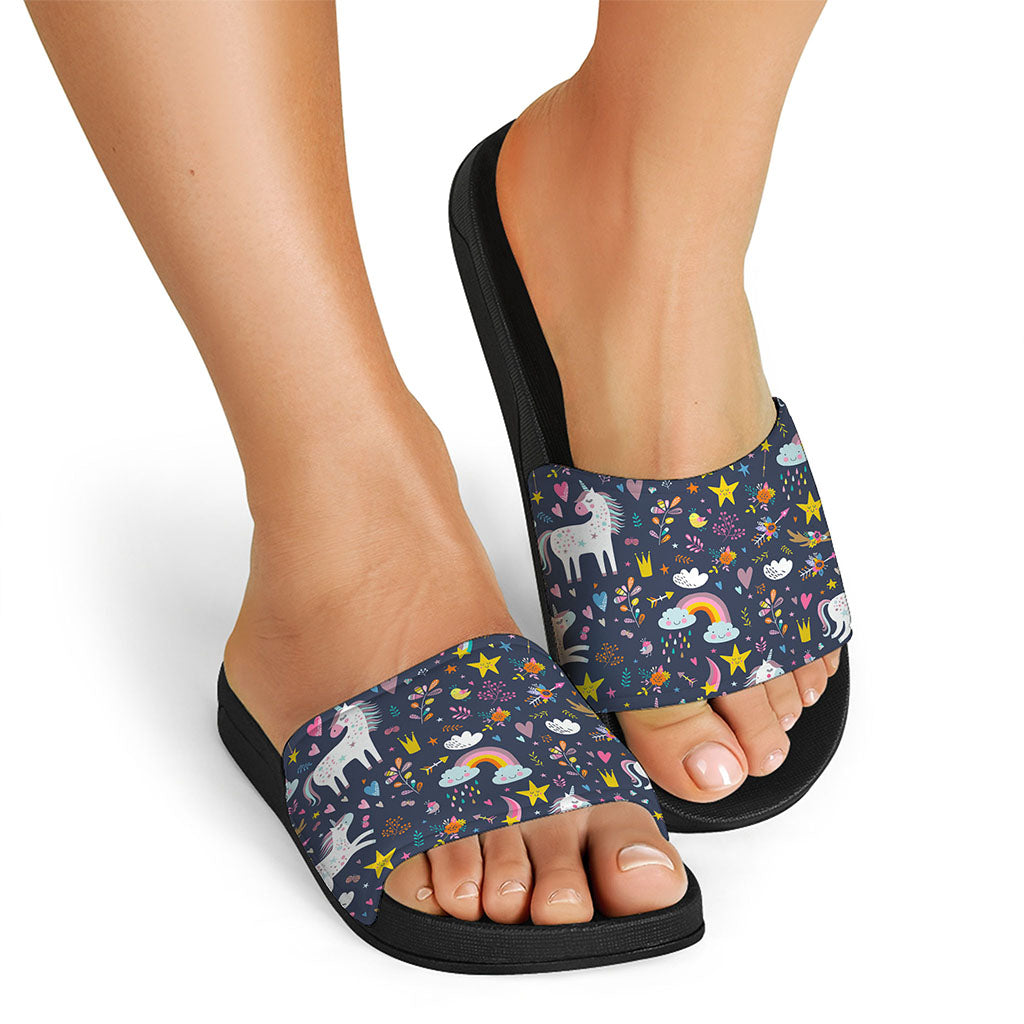 Unicorn Dream Cartoon Pattern Print Black Slide Sandals