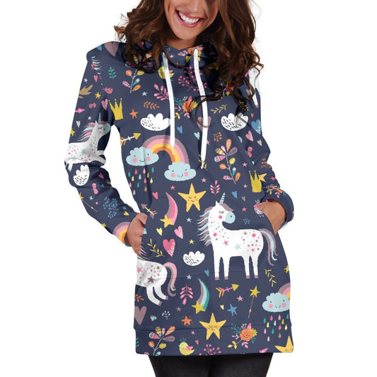 Unicorn Dream Cartoon Pattern Print Hoodie Dress GearFrost