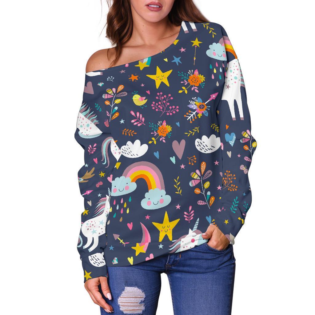 Unicorn Dream Cartoon Pattern Print Off Shoulder Sweatshirt GearFrost