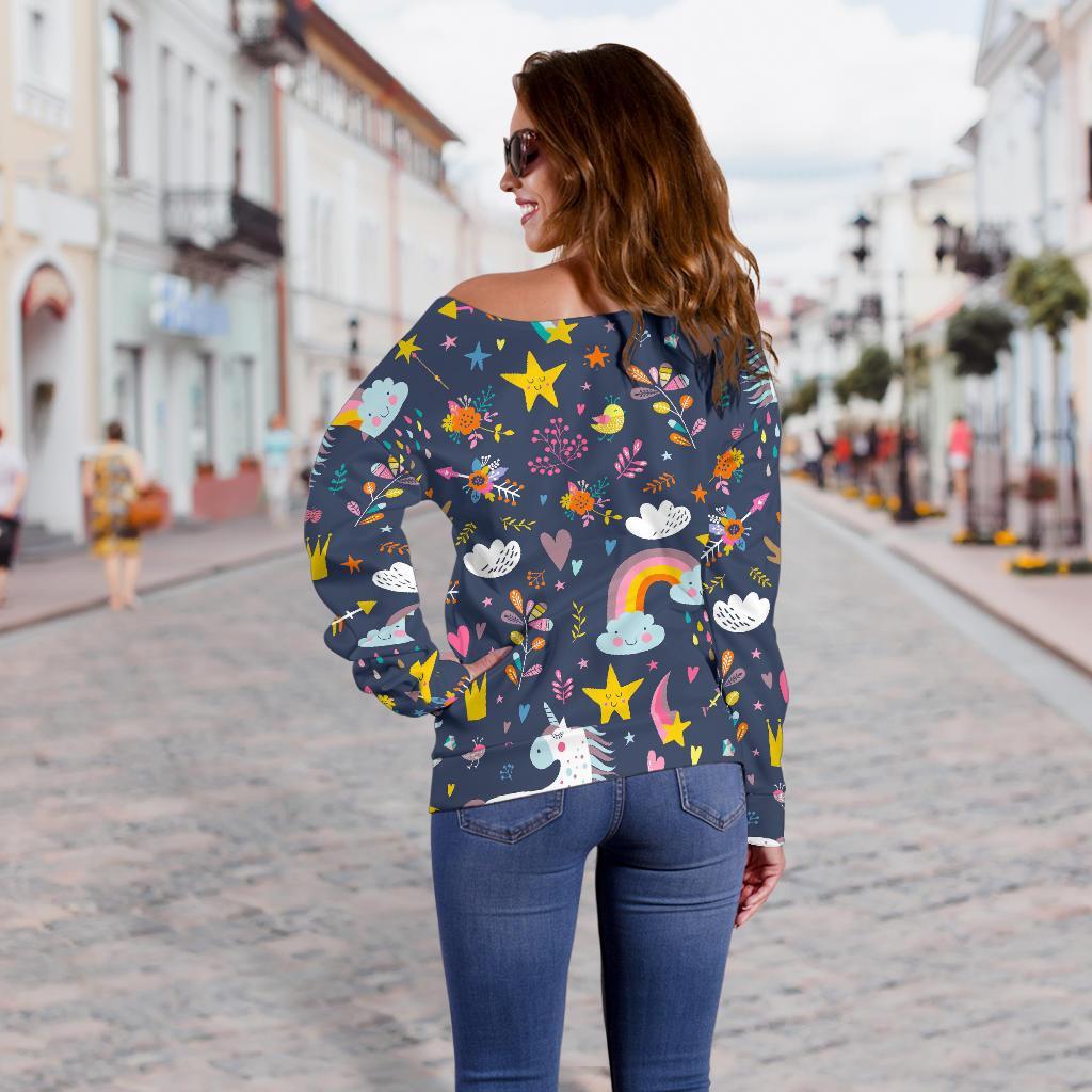 Unicorn Dream Cartoon Pattern Print Off Shoulder Sweatshirt GearFrost