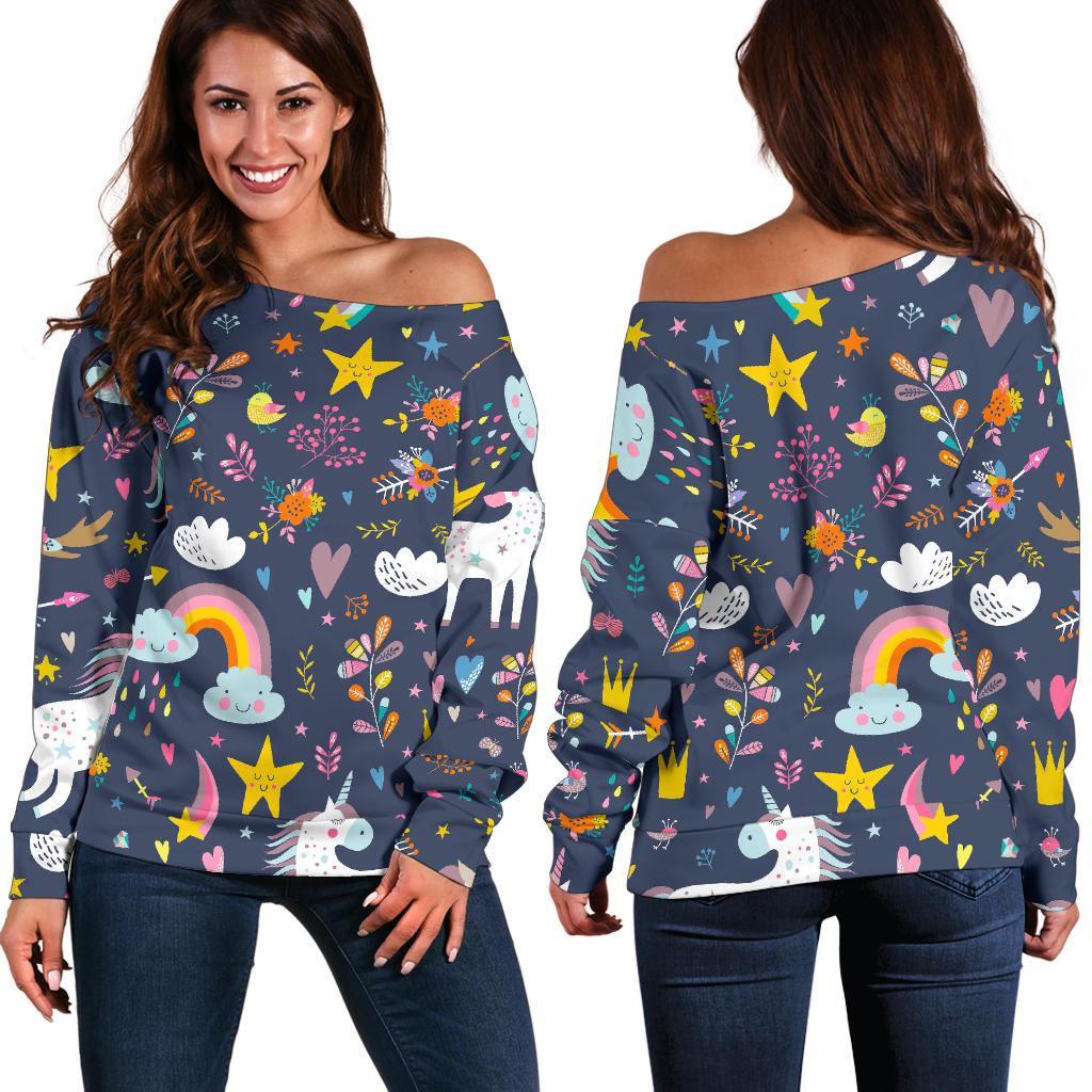 Unicorn Dream Cartoon Pattern Print Off Shoulder Sweatshirt GearFrost