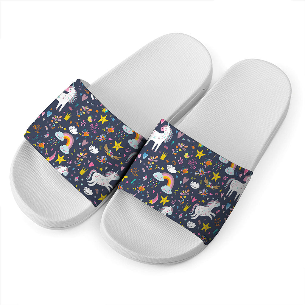 Unicorn Dream Cartoon Pattern Print White Slide Sandals