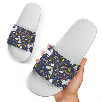 Unicorn Dream Cartoon Pattern Print White Slide Sandals