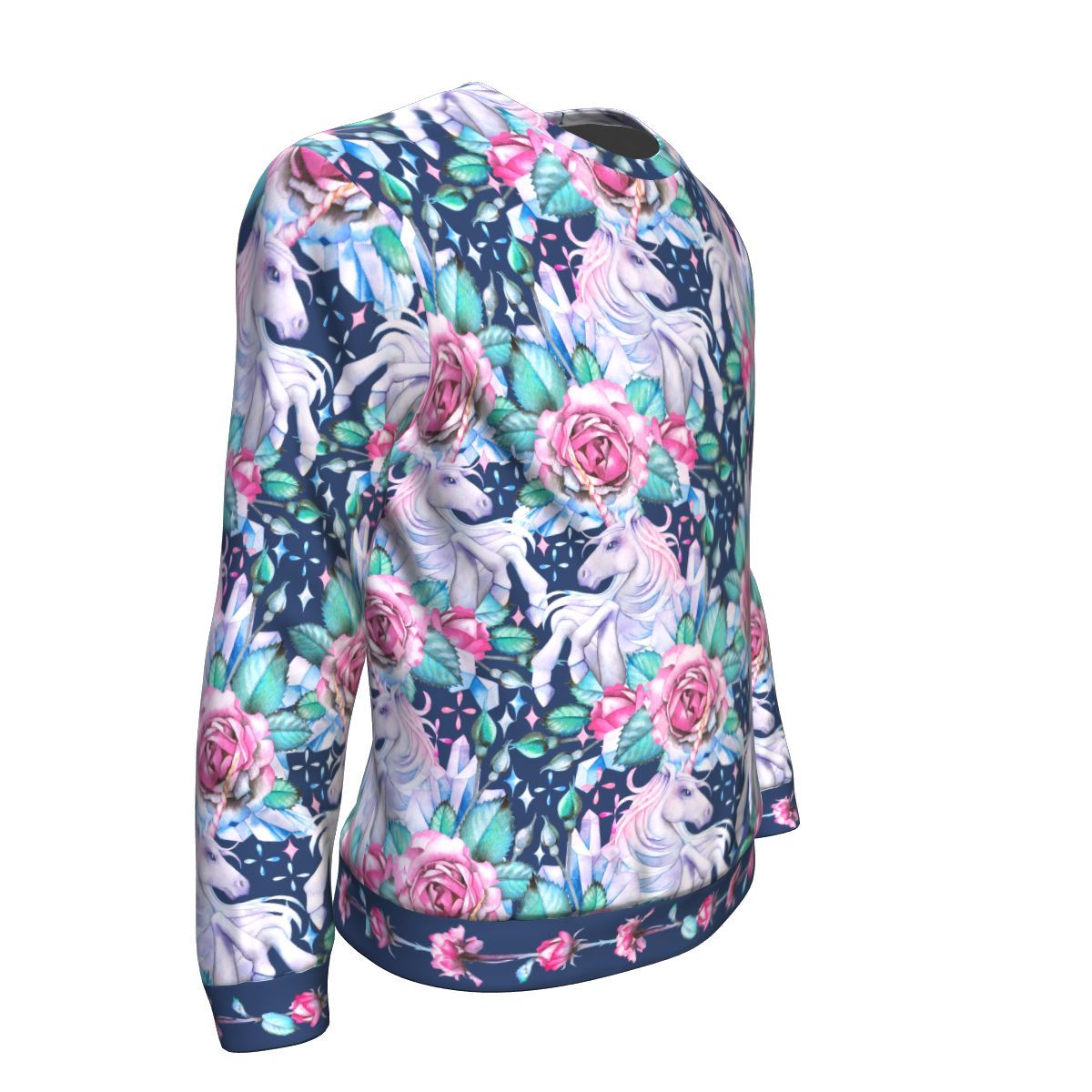 Unicorn Fairy Roses Blue Pattern Print Unisex Crewneck Sweatshirt GearFrost
