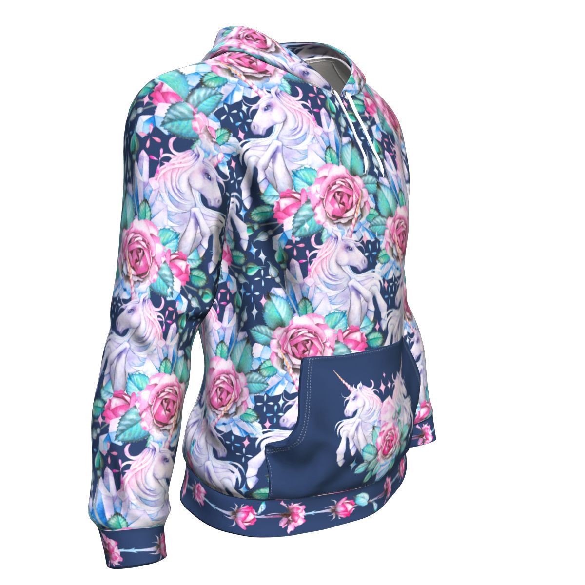 Unicorn Fairy Roses Blue Pattern Print Unisex Pullover Hoodie GearFrost