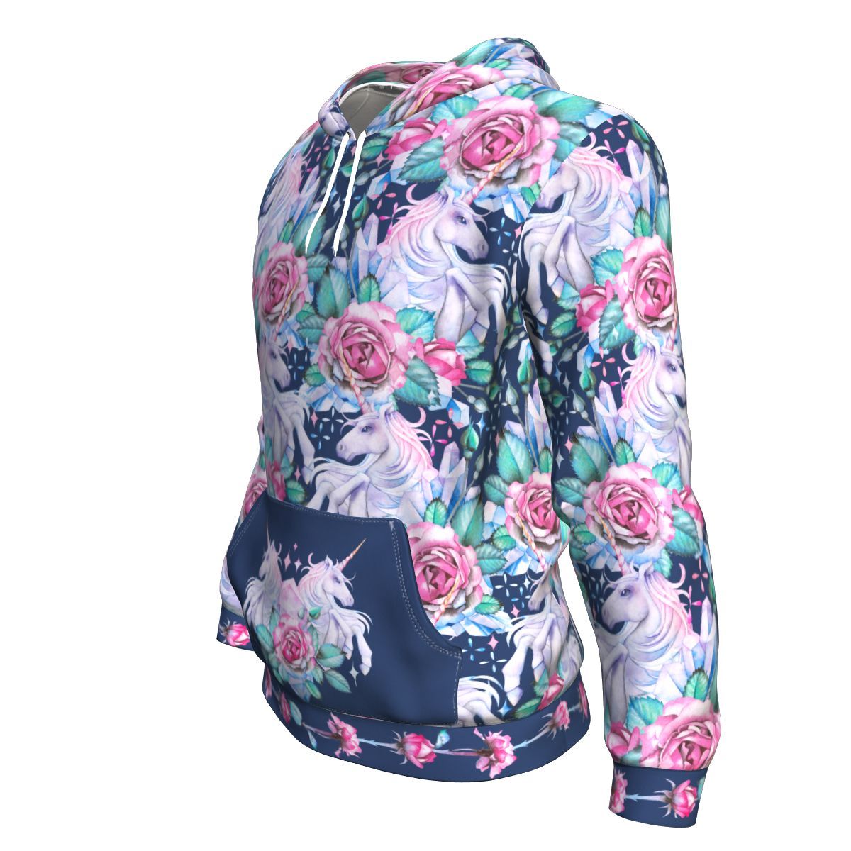 Unicorn Fairy Roses Blue Pattern Print Unisex Pullover Hoodie GearFrost
