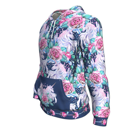 Unicorn Fairy Roses Blue Pattern Print Unisex Pullover Hoodie GearFrost