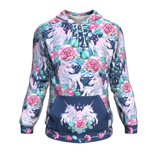 Unicorn Fairy Roses Blue Pattern Print Unisex Pullover Hoodie GearFrost