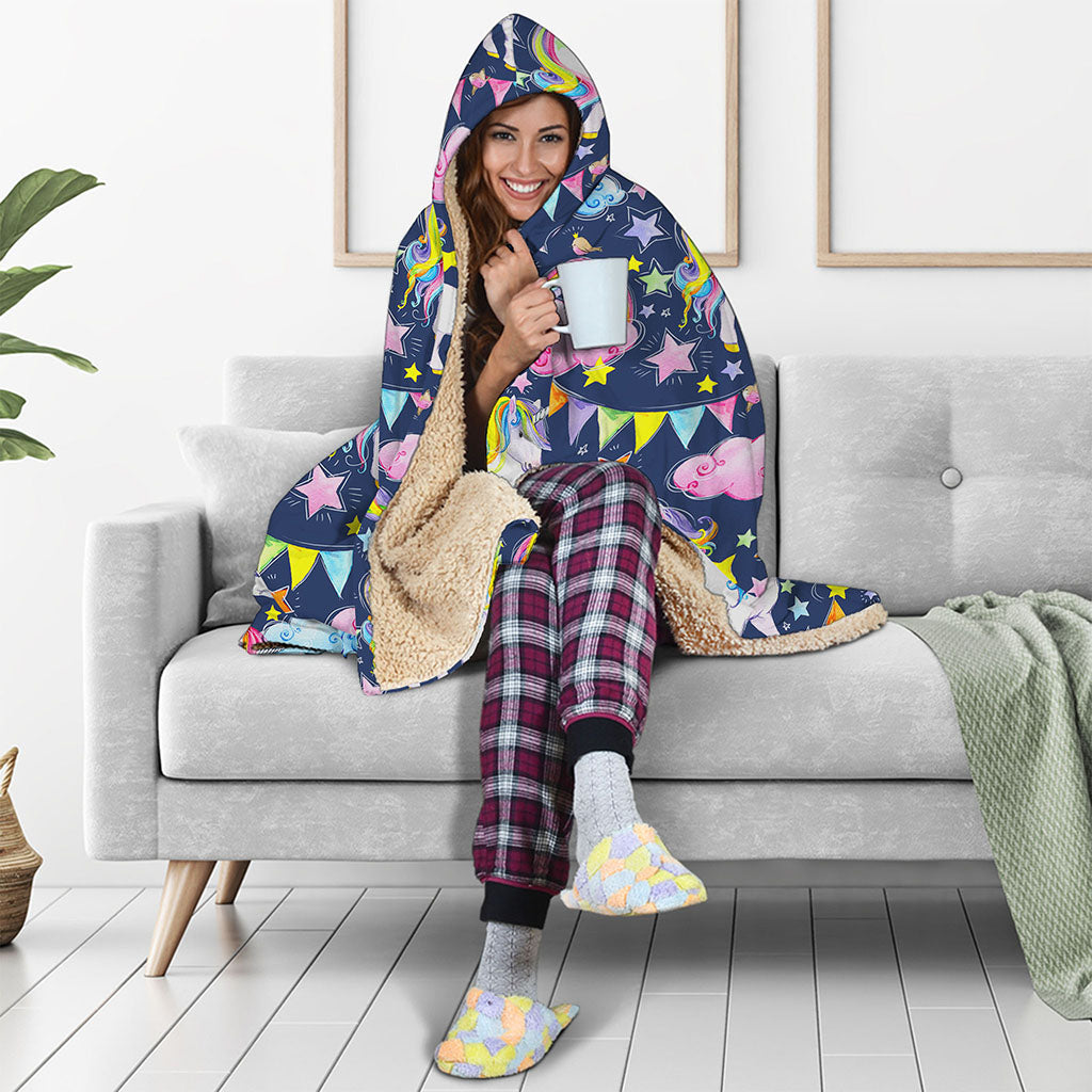 Unicorn Night Festival Pattern Print Hooded Blanket