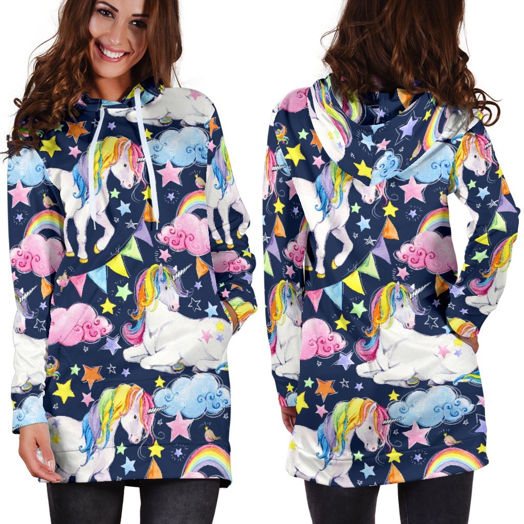 Unicorn Night Festival Pattern Print Hoodie Dress GearFrost