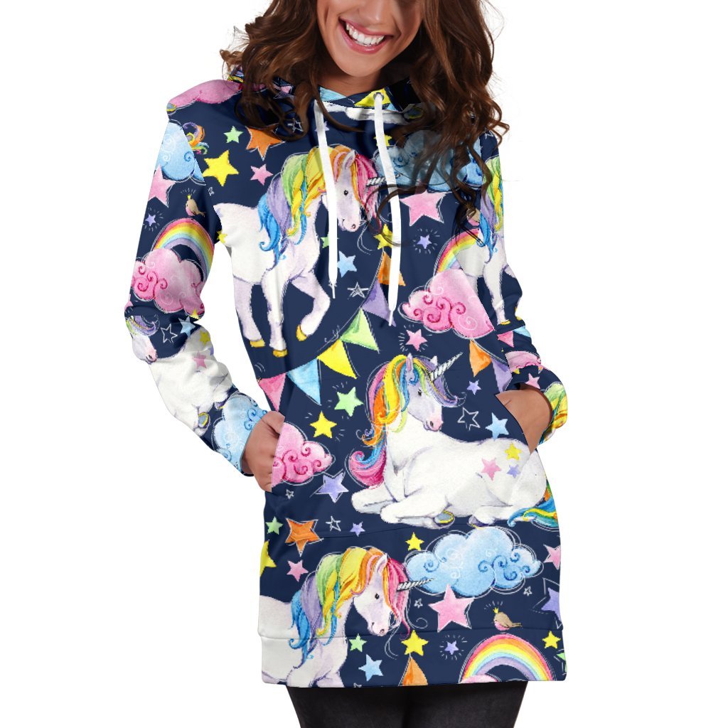 Unicorn Night Festival Pattern Print Hoodie Dress GearFrost