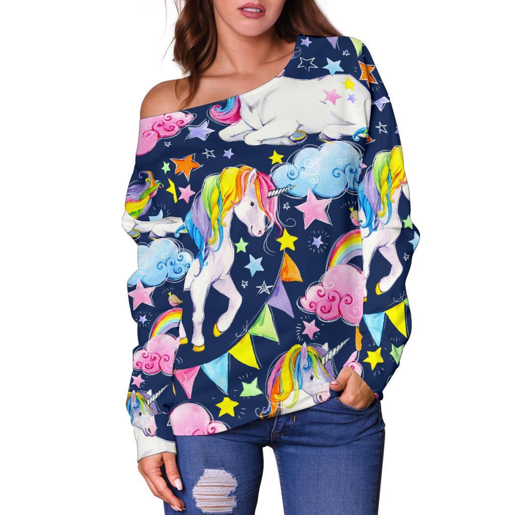 Unicorn Night Festival Pattern Print Off Shoulder Sweatshirt GearFrost