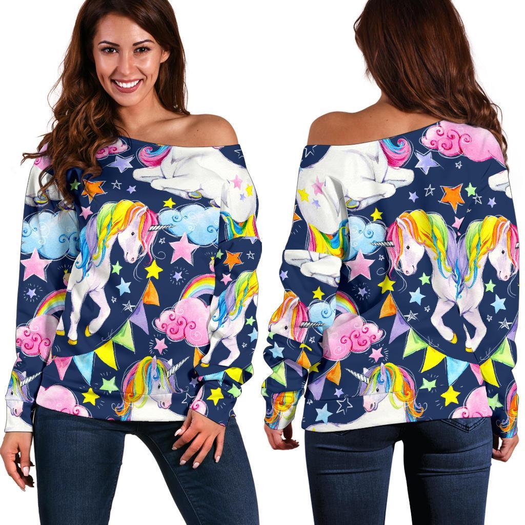 Unicorn Night Festival Pattern Print Off Shoulder Sweatshirt GearFrost