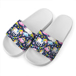 Unicorn Night Festival Pattern Print White Slide Sandals