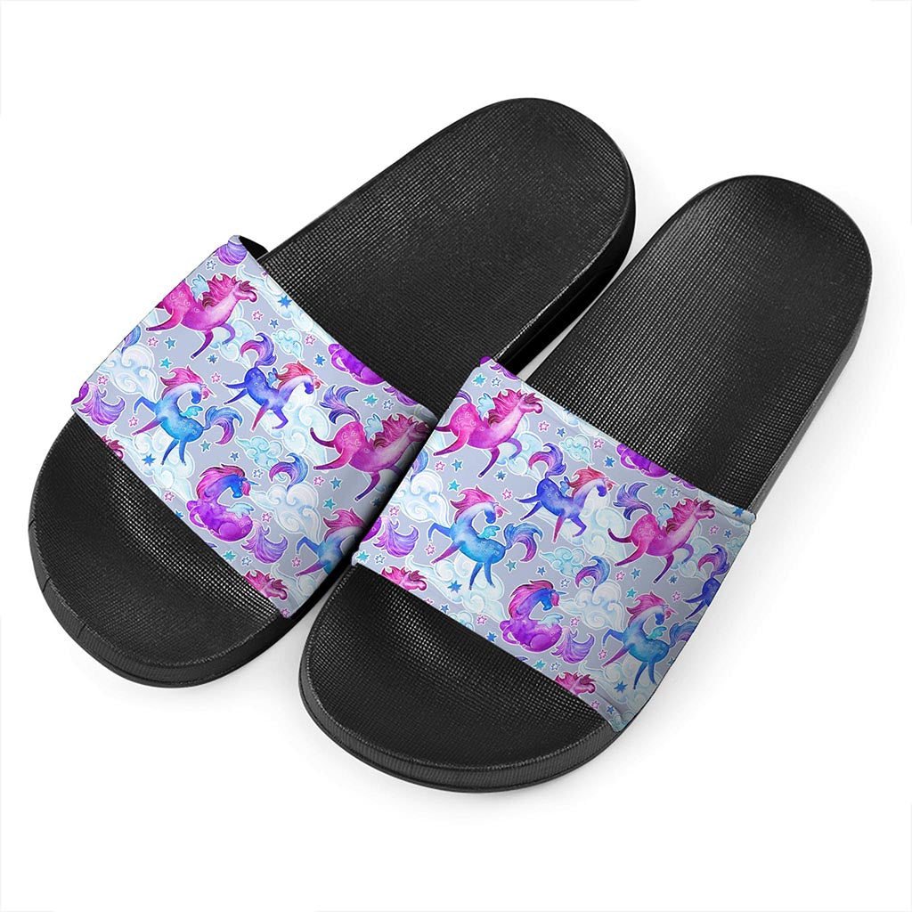 Unicorn Paradise Pattern Print Black Slide Sandals