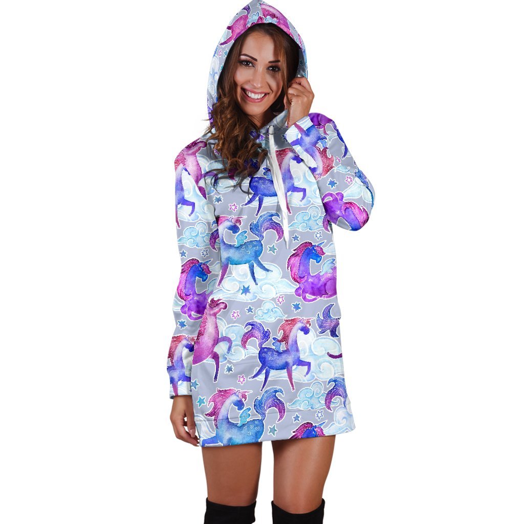 Unicorn Paradise Pattern Print Hoodie Dress GearFrost