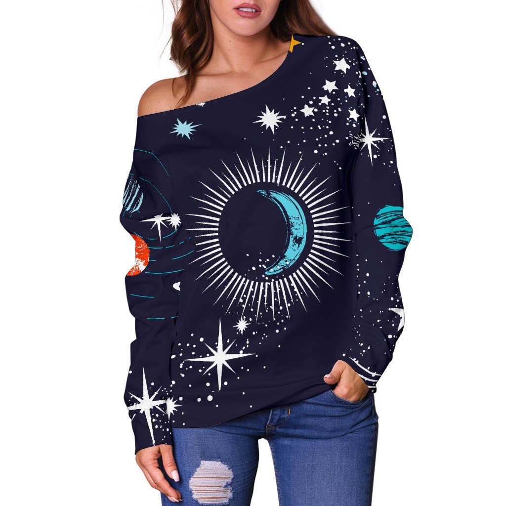 Universe Galaxy Outer Space Print Off Shoulder Sweatshirt GearFrost