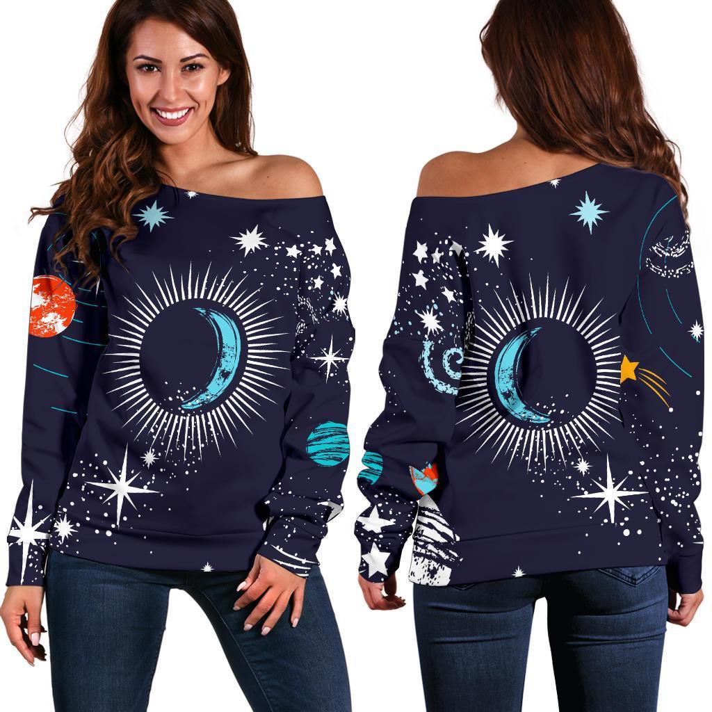 Universe Galaxy Outer Space Print Off Shoulder Sweatshirt GearFrost