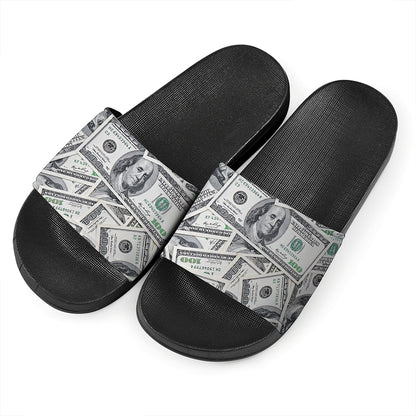 US Dollar Pattern Print Black Slide Sandals
